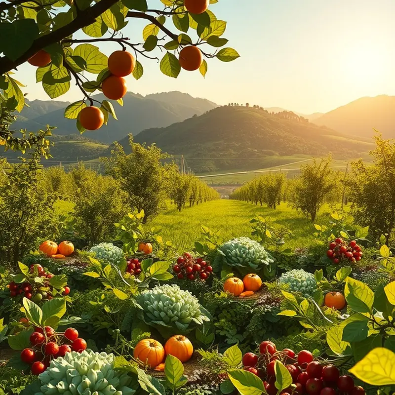 A vibrant sunlit field showcasing a variety of organic fruits and vegetables.