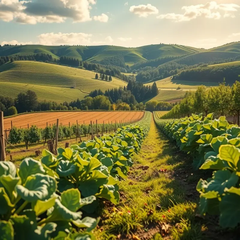 A sunlit field bursting with vibrant fruits and vegetables.