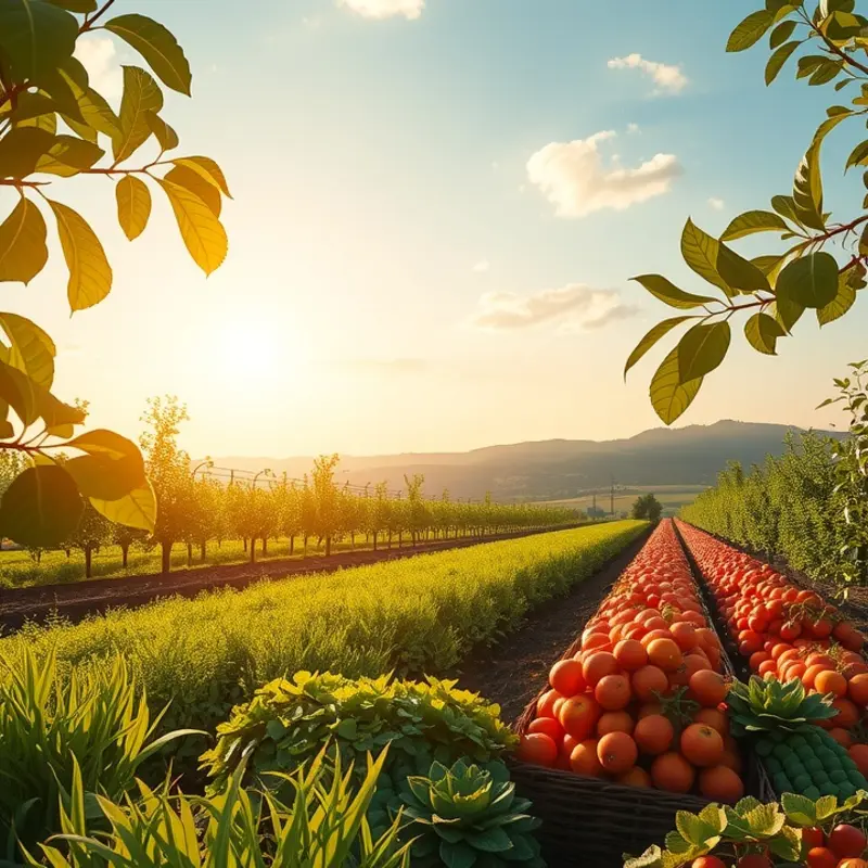 A sunlit field showcasing vibrant vegetables growing among lush greenery.