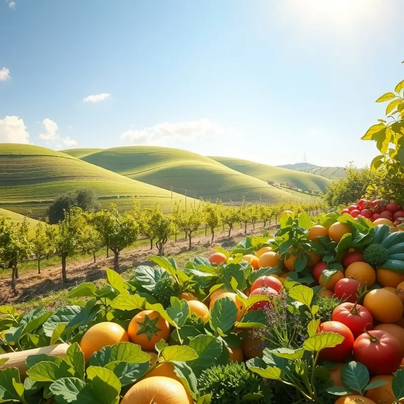 A vibrant sunlit field showcasing fresh vegetables and fruits.