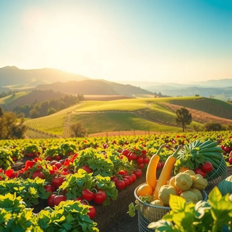 A sunlit orchard with vibrant fruits among lush greenery.