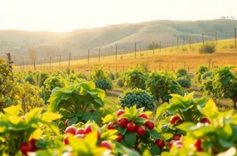 A peaceful garden displaying vibrant vegetables and fruits in natural sunlight.