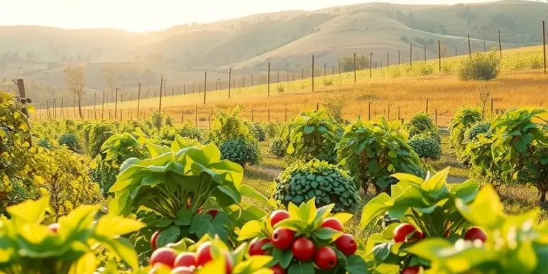 A peaceful garden displaying vibrant vegetables and fruits in natural sunlight.