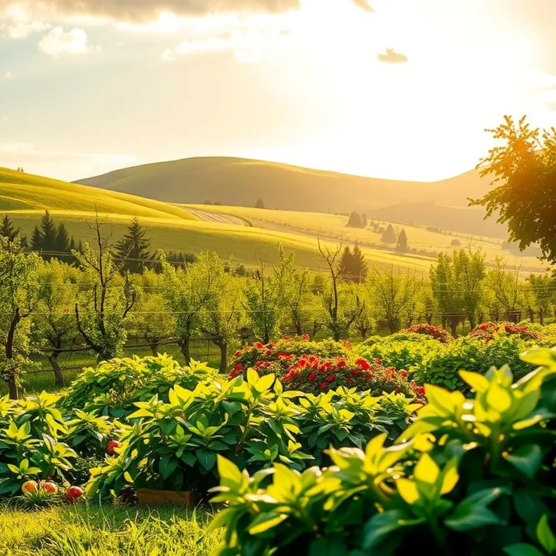 A vibrant sunlit garden showcasing a variety of herbs and vegetables.