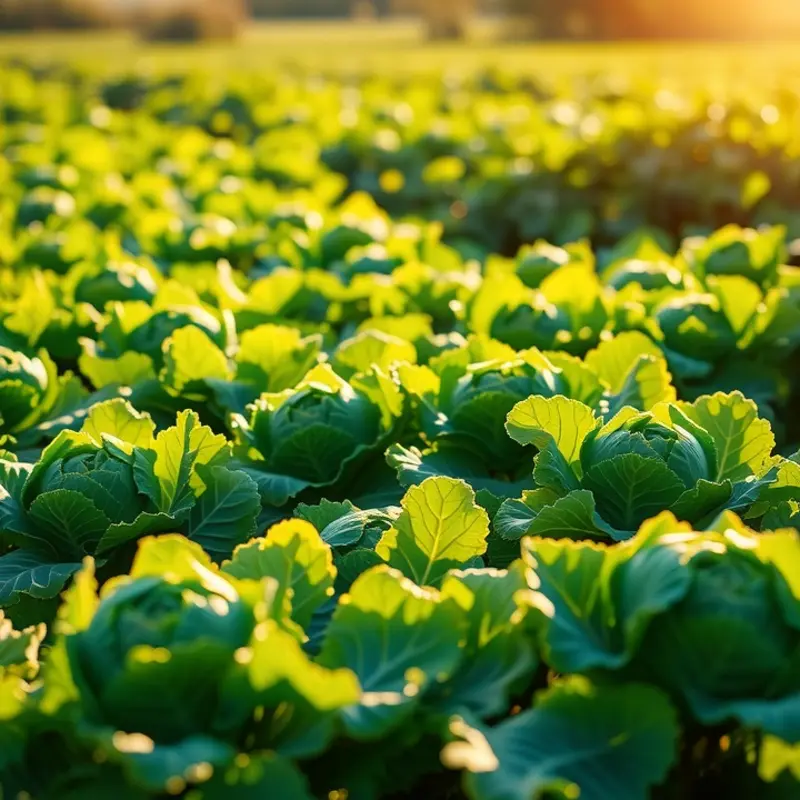 A thriving sunlit field of kale, showcasing its vibrant green leaves.