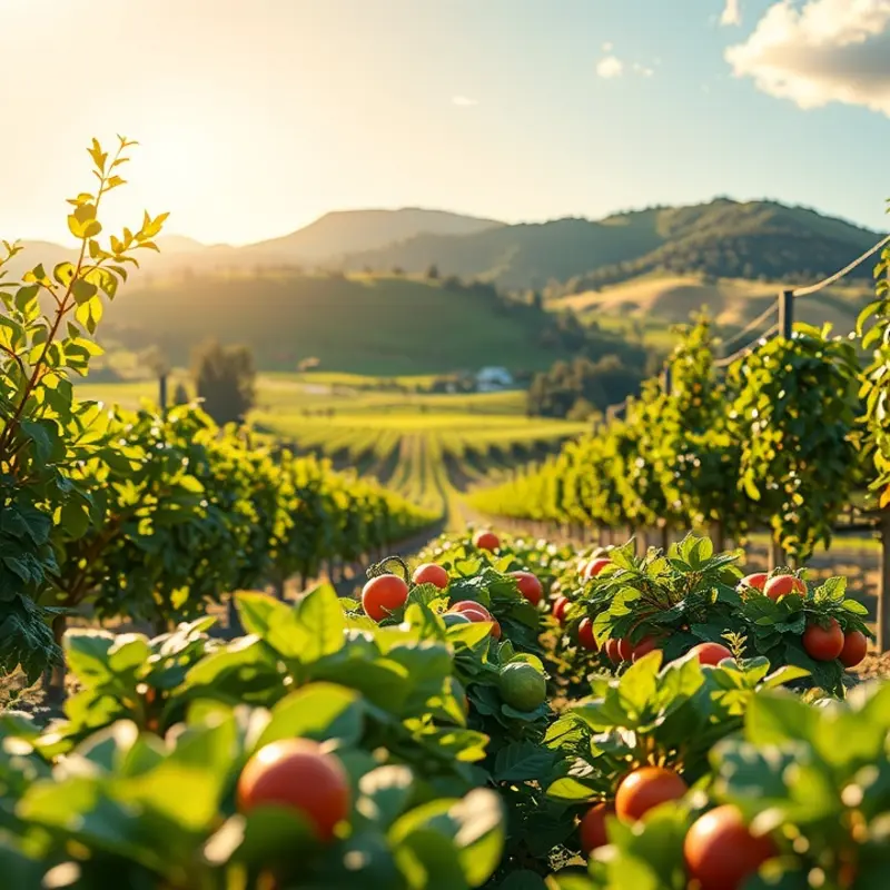A vibrant field full of fresh vegetables and fruits in a natural setting.