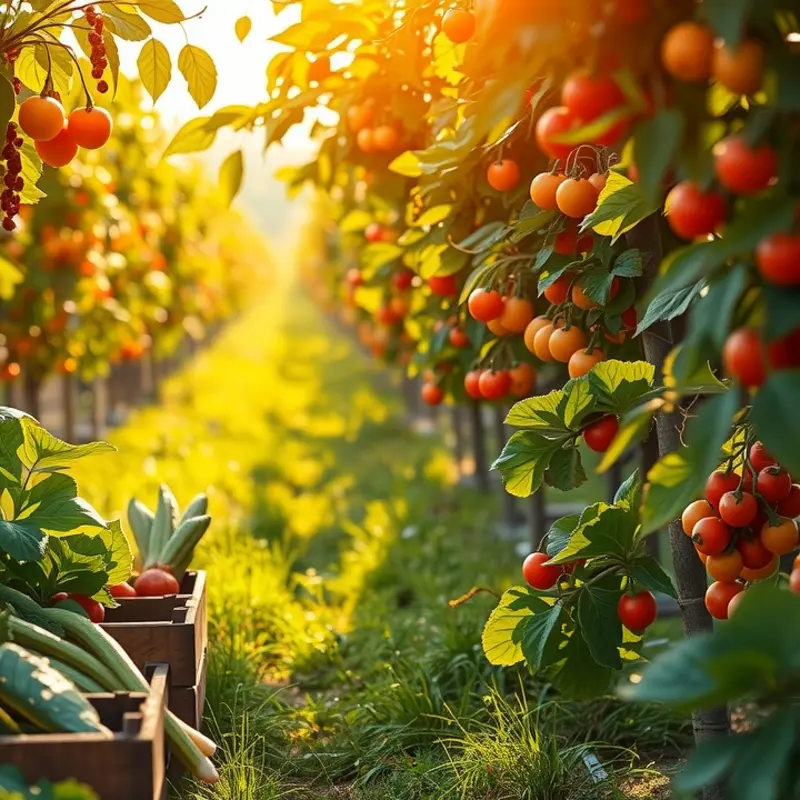 A sunlit orchard showcasing fresh vegetables and fruits, perfect for homemade broth ingredients.