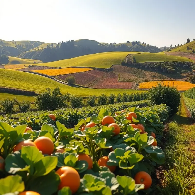 A serene sunlit field where the essence of communal meals thrives among bountiful produce.