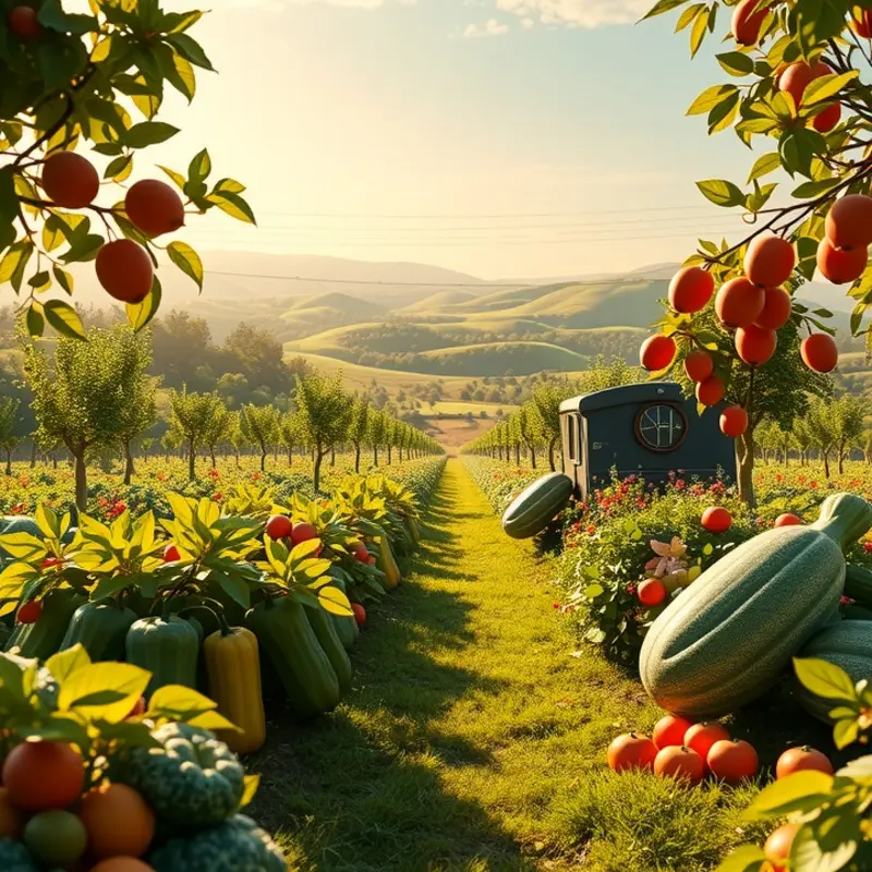A sunlit orchard showcasing vibrant fruits and vegetables, symbolizing the fresh ingredients in global pastries.