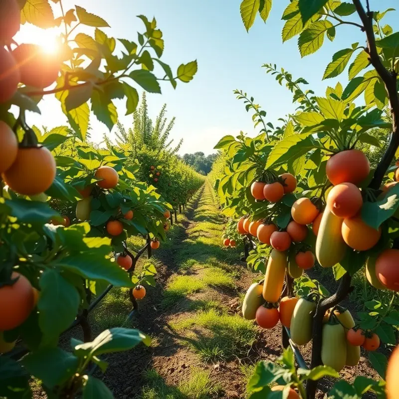 A sunlit orchard brimming with fresh vegetables and fruits, embodying the vitality of organic produce.