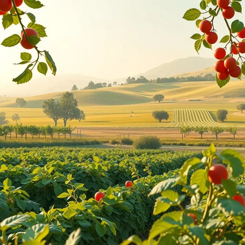 A vibrant orchard brimming with fresh, organic fruits and vegetables.
