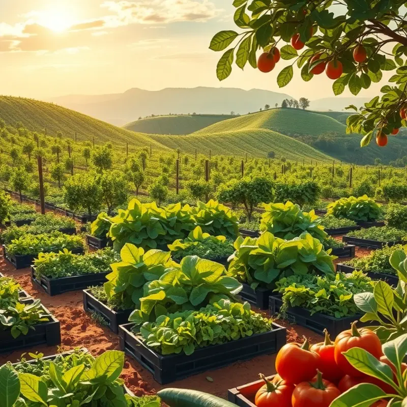 A sunlit orchard showcasing vibrant fruits and vegetables that highlight the freshness of organic produce.