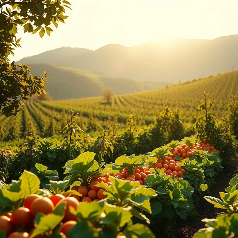 A vibrant organic field thriving with fresh vegetables and fruits under warm sunlight.