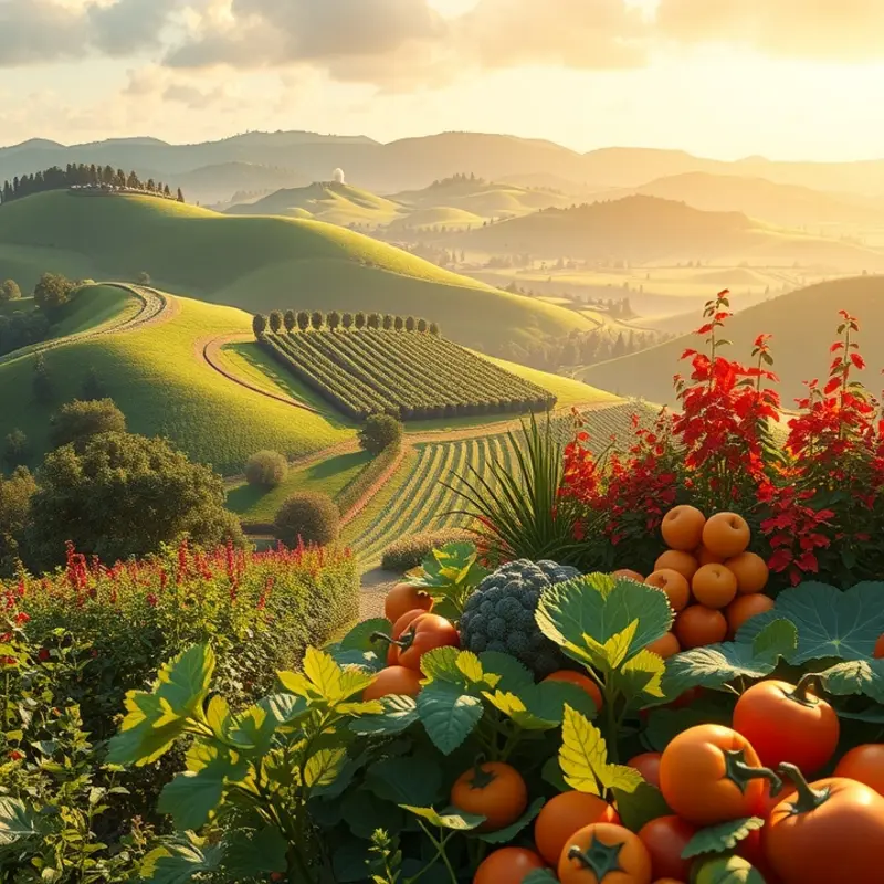 A vibrant sunlit field showcasing lush greenery and abundant organic produce.