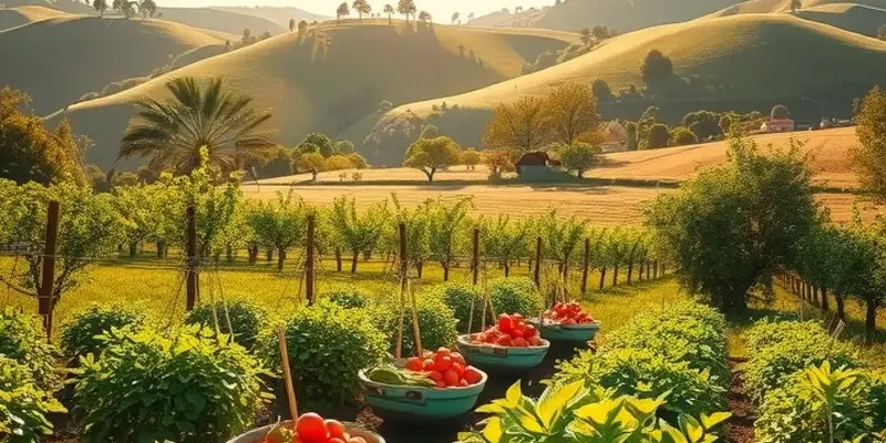 A peaceful sunlit field filled with fresh organic fruits and vegetables, illustrating a natural and healthy eating environment.