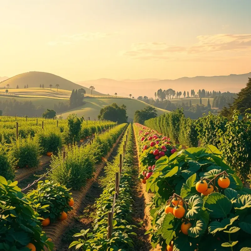 A nurturing landscape showcasing abundant organic produce under warm sunlight.
