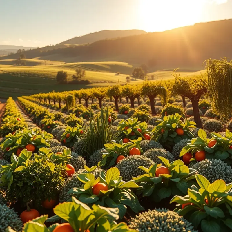 A vibrant sunlit field abundant with organic vegetables and fruits.