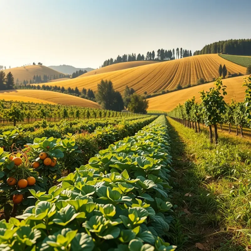 A serene sunlit field abundant with vibrant vegetables and fruits.