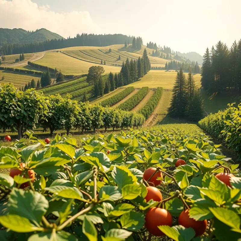 A sunlit organic field showcasing vibrant fruits and vegetables.