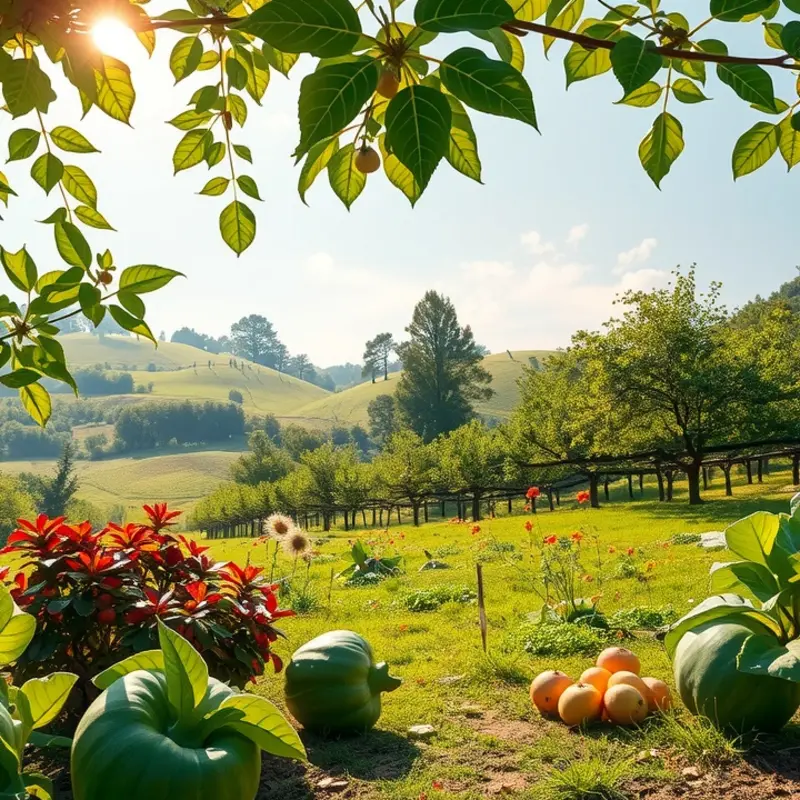A sunlit field showcasing vibrant vegetables and fruits.