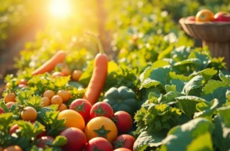 A scenic view of a sunlit field full of colorful vegetables and fruits amidst lush greenery.