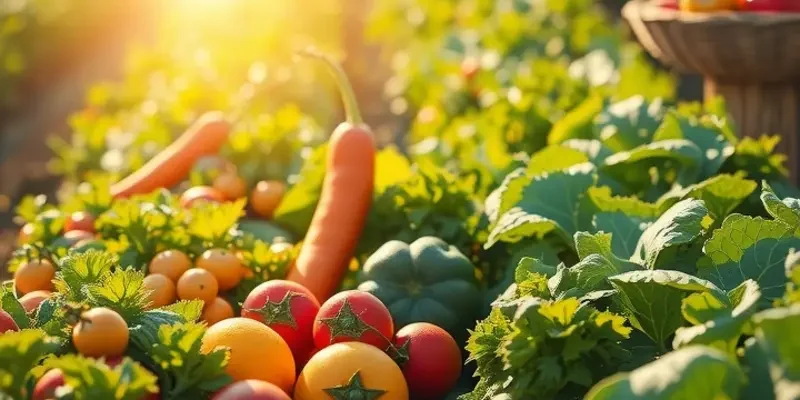 A scenic view of a sunlit field full of colorful vegetables and fruits amidst lush greenery.
