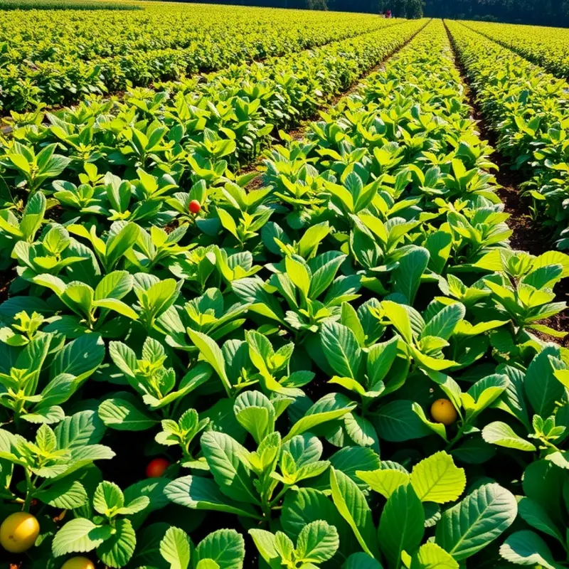 A vibrant field showcasing a variety of organic vegetables and fruits under the sun.