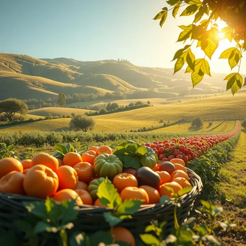 A vibrant, sunlit field filled with organic produce, symbolizing the fresh ingredients in greens powders.