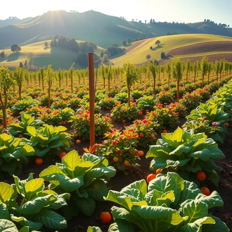 A sunlit field showcasing vibrant organic vegetables and fruits.