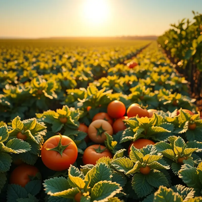 A sunlit field brimming with vibrant vegetables and fruits, symbolizing fresh and organic ingredients.