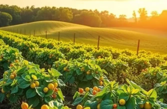 A stunning sunlit field with lush organic vegetables and fruits.