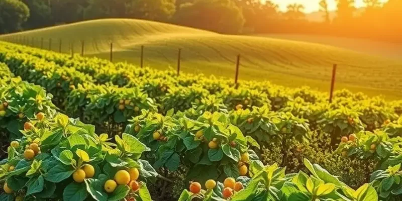 A stunning sunlit field with lush organic vegetables and fruits.