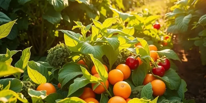 A scenic landscape featuring lush farmland with healthy crops and abundant greenery.