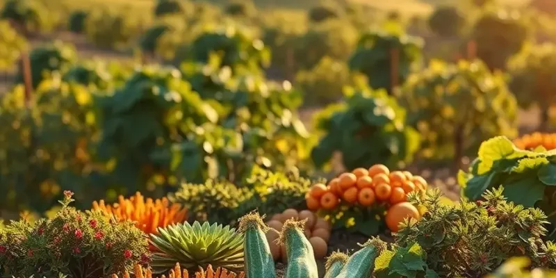 Photorealistic landscape of a sunlit field with organic vegetables and fruits amidst lush greenery.