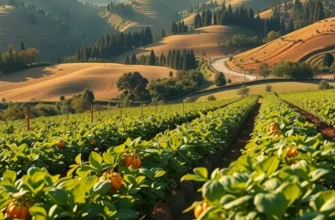 A sunlit organic landscape showcasing healthy vegetables and fruits among lush greenery.