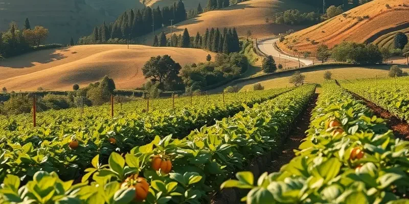 A sunlit organic landscape showcasing healthy vegetables and fruits among lush greenery.