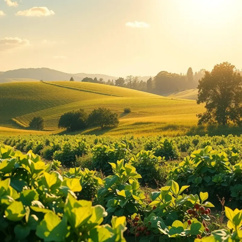 A vibrant sunlit landscape showcasing abundant organic produce.