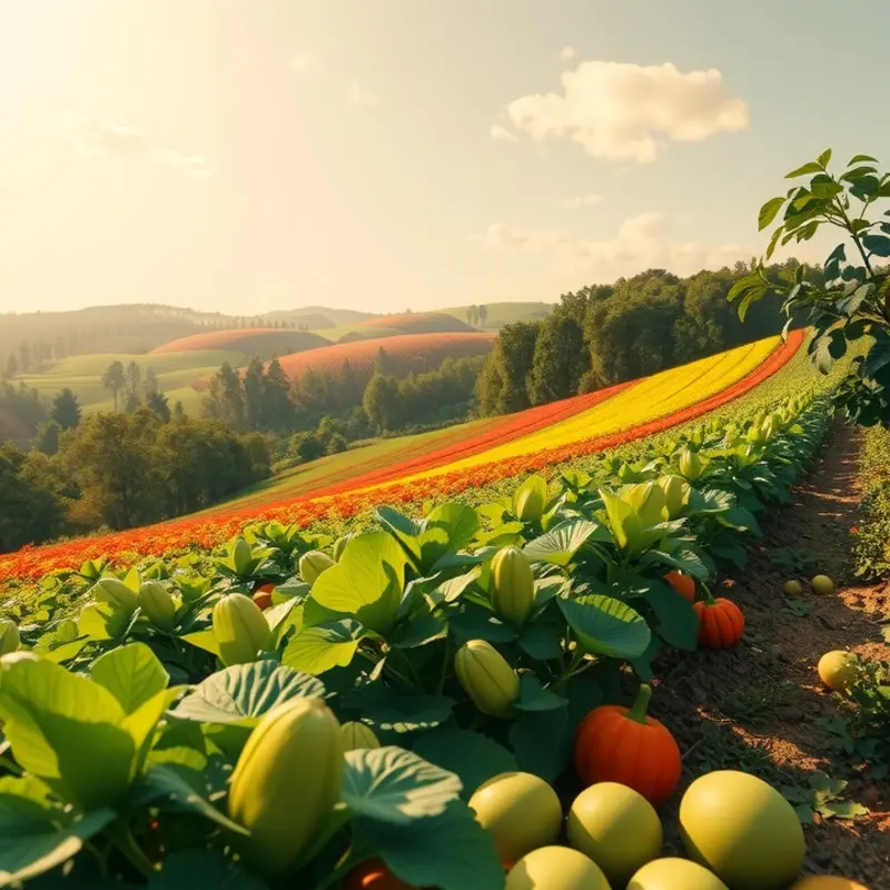 A picturesque view of an orchard blooming with vibrant fruits and lush greenery.