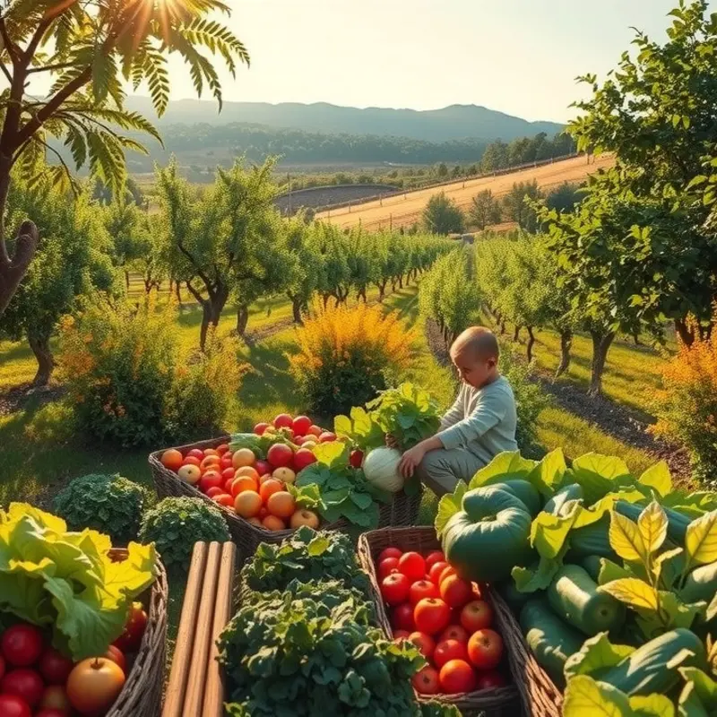 A vibrant orchard filled with fresh fruits and vegetables, symbolizing healthy eating choices.