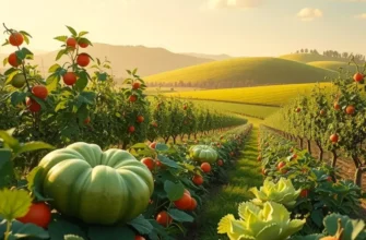 A sunlit orchard filled with colorful fruits and vegetables, showcasing the abundance of nature.