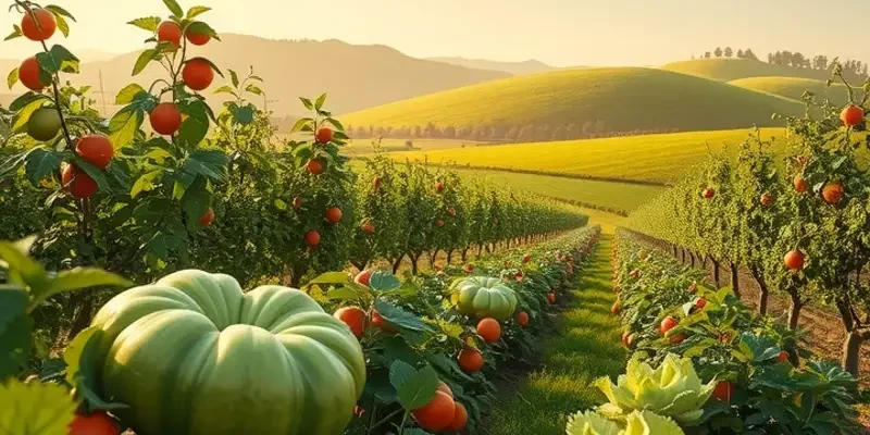 A sunlit orchard filled with colorful fruits and vegetables, showcasing the abundance of nature.