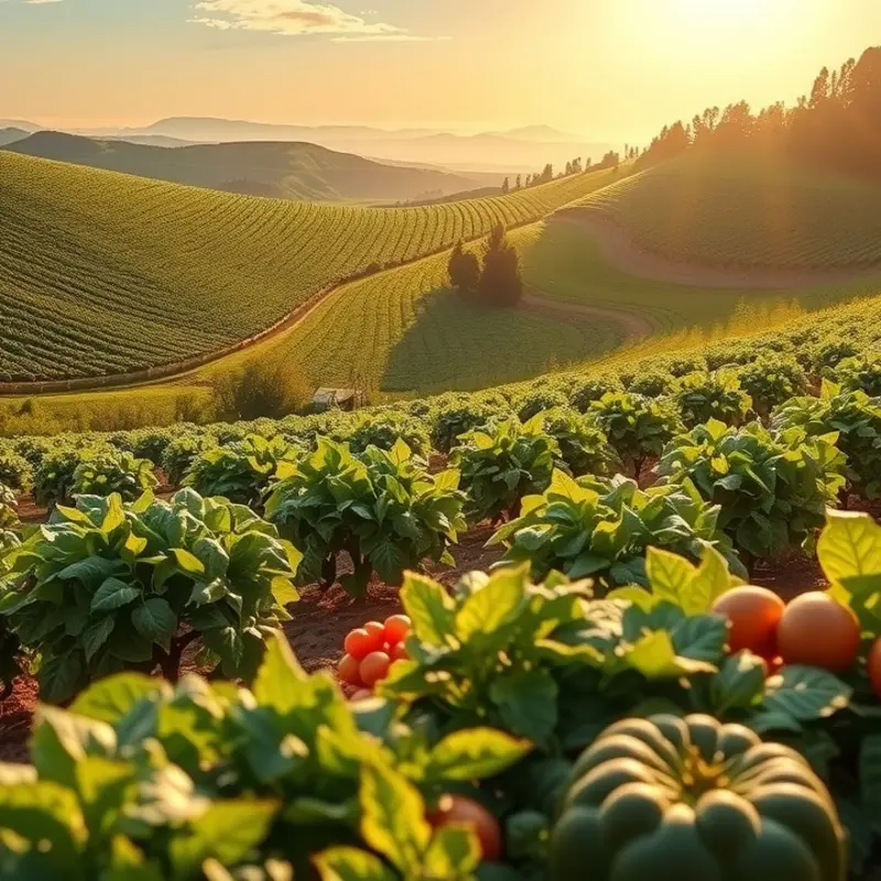 A vibrant sunlit orchard filled with fresh, organic fruits and vegetables.