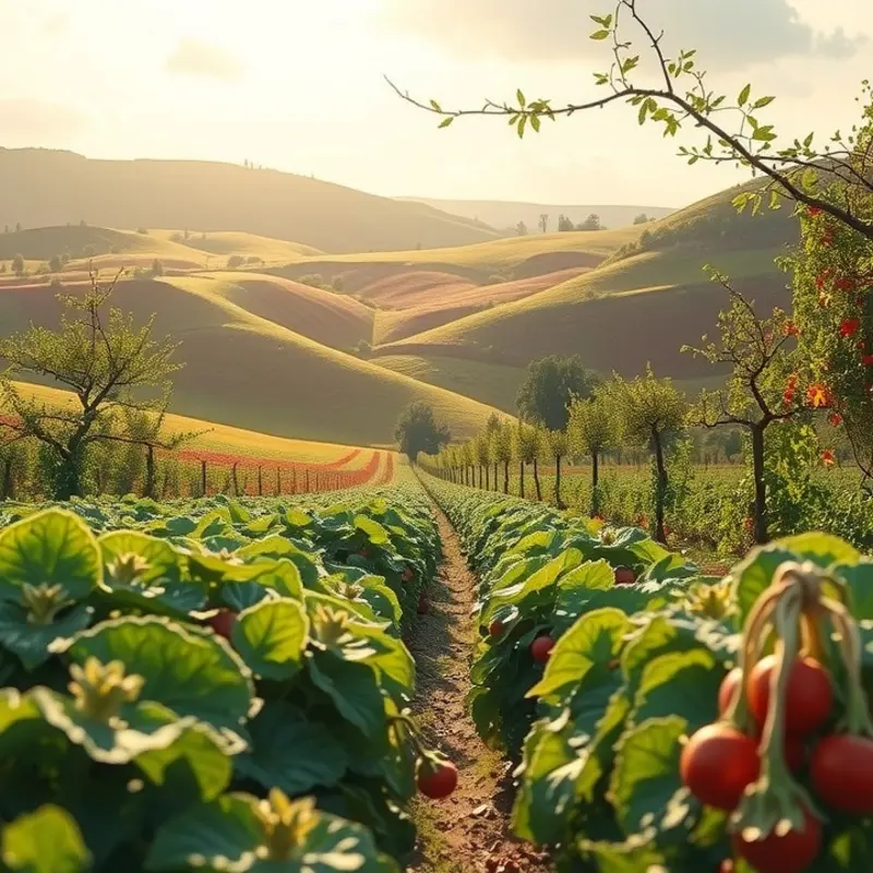 A sunlit orchard filled with vibrant vegetables and fruits, representing nature’s comfort.