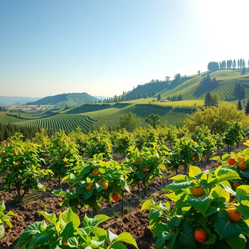 A serene orchard filled with vibrant fruits and vegetables under warm sunlight.