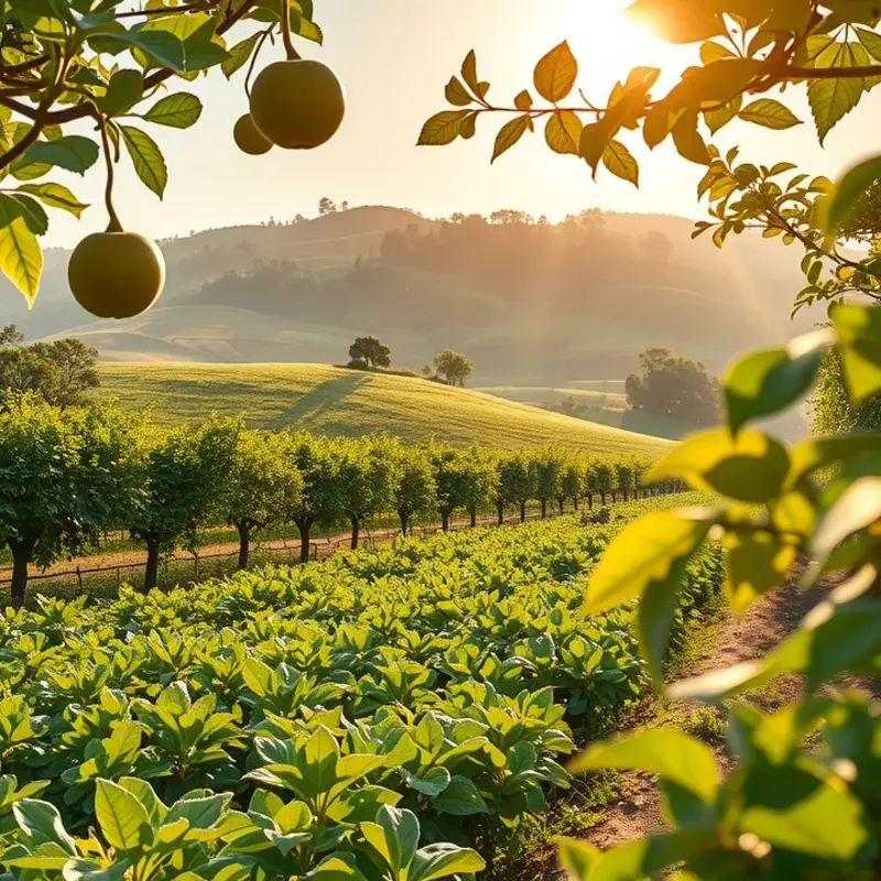 A serene orchard filled with vibrant fruits and vegetables, representing freshness and abundance.