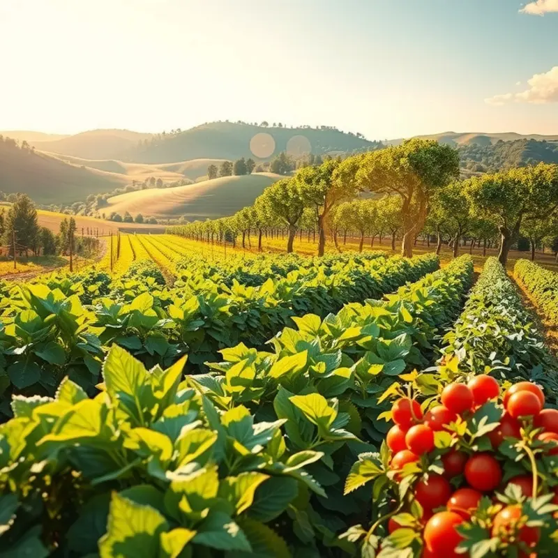 A sunlit field brimming with vibrant fruits and vegetables, embodying the essence of natural abundance.