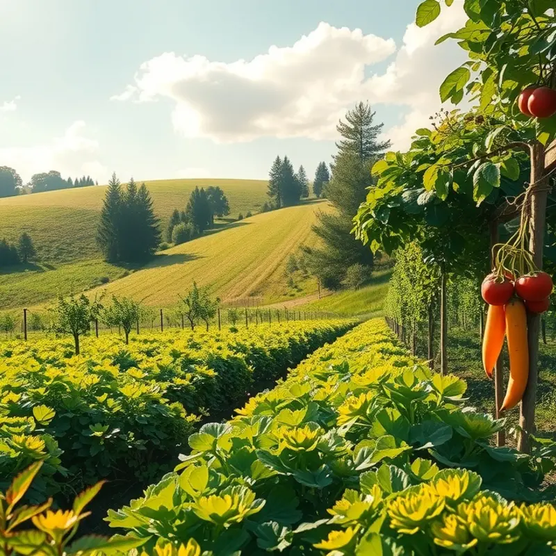 A vibrant orchard showcasing organic produce basking in warm sunlight.
