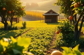 A beautiful orchard showcasing an abundance of fresh, organic fruits and vegetables in a lush setting.