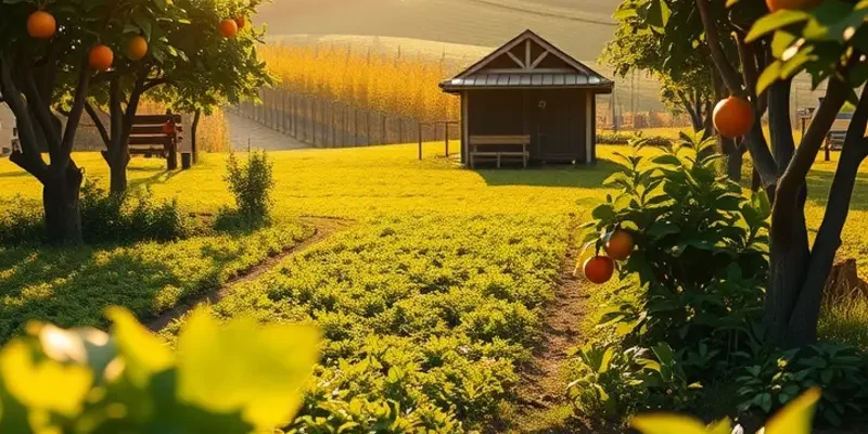 A beautiful orchard showcasing an abundance of fresh, organic fruits and vegetables in a lush setting.