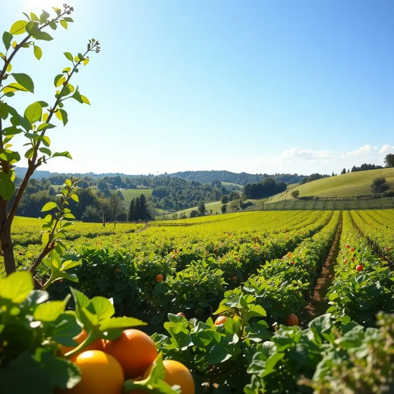 A sunlit orchard filled with vibrant organic fruits and vegetables.